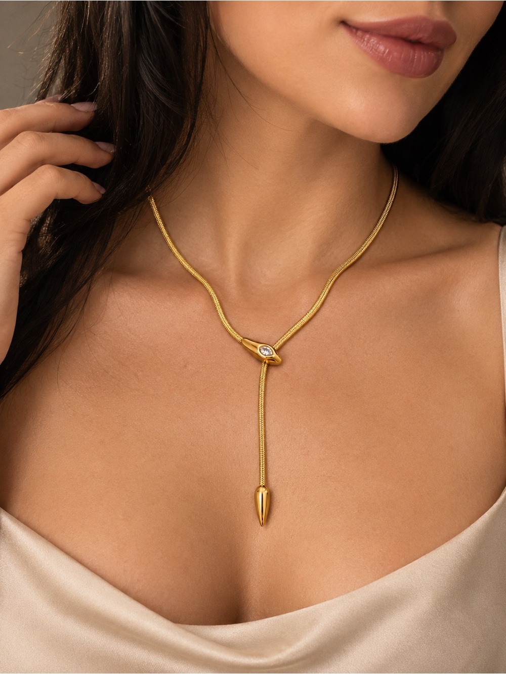 Gold Y Drop Snake Chain Crystal Necklace